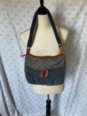 Fossil Navy Suede & Polka-Dot Canvas Crossbody with Tan Trim